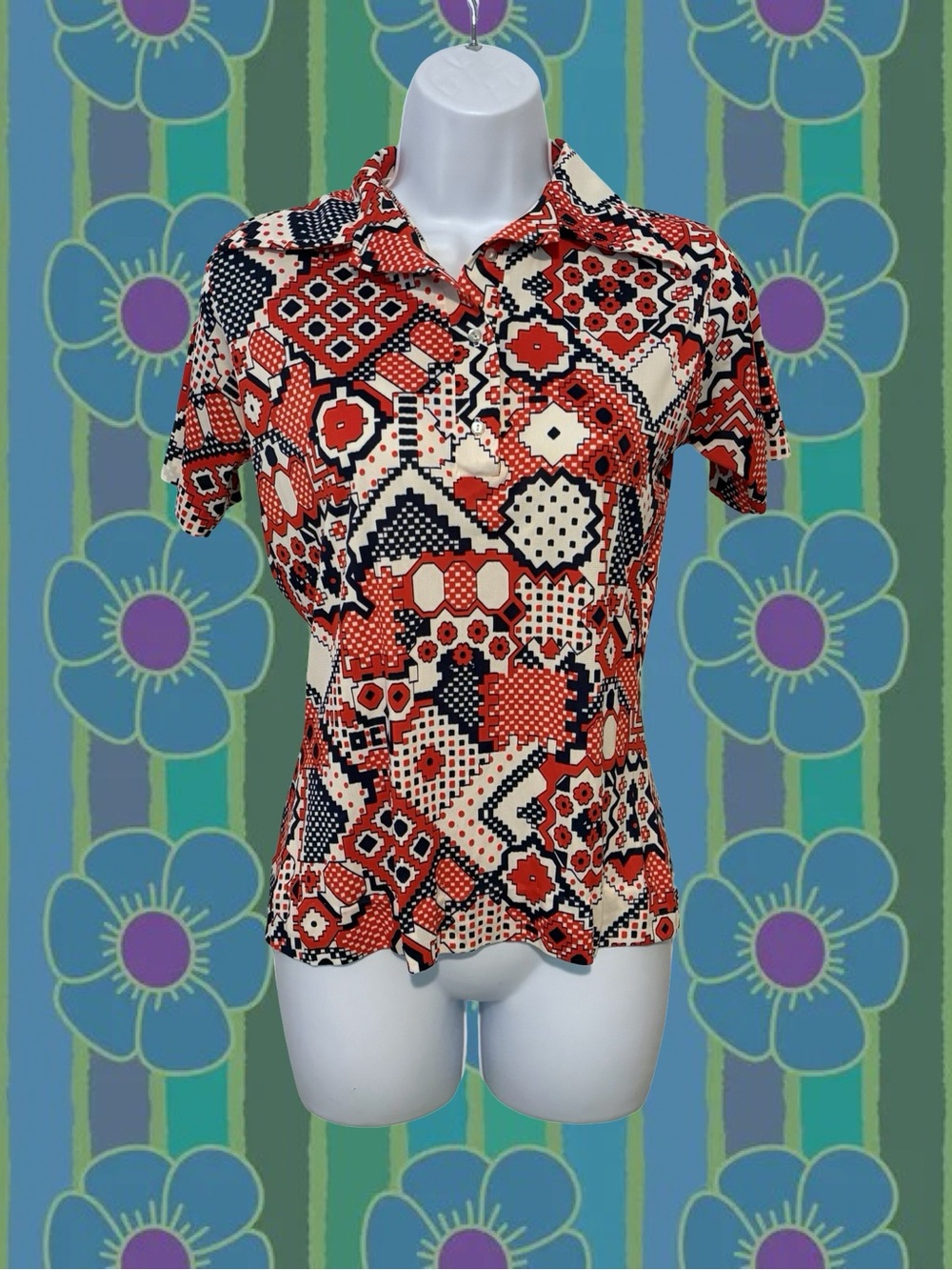 Vintage Red Navy White Geometric Polo Blouse